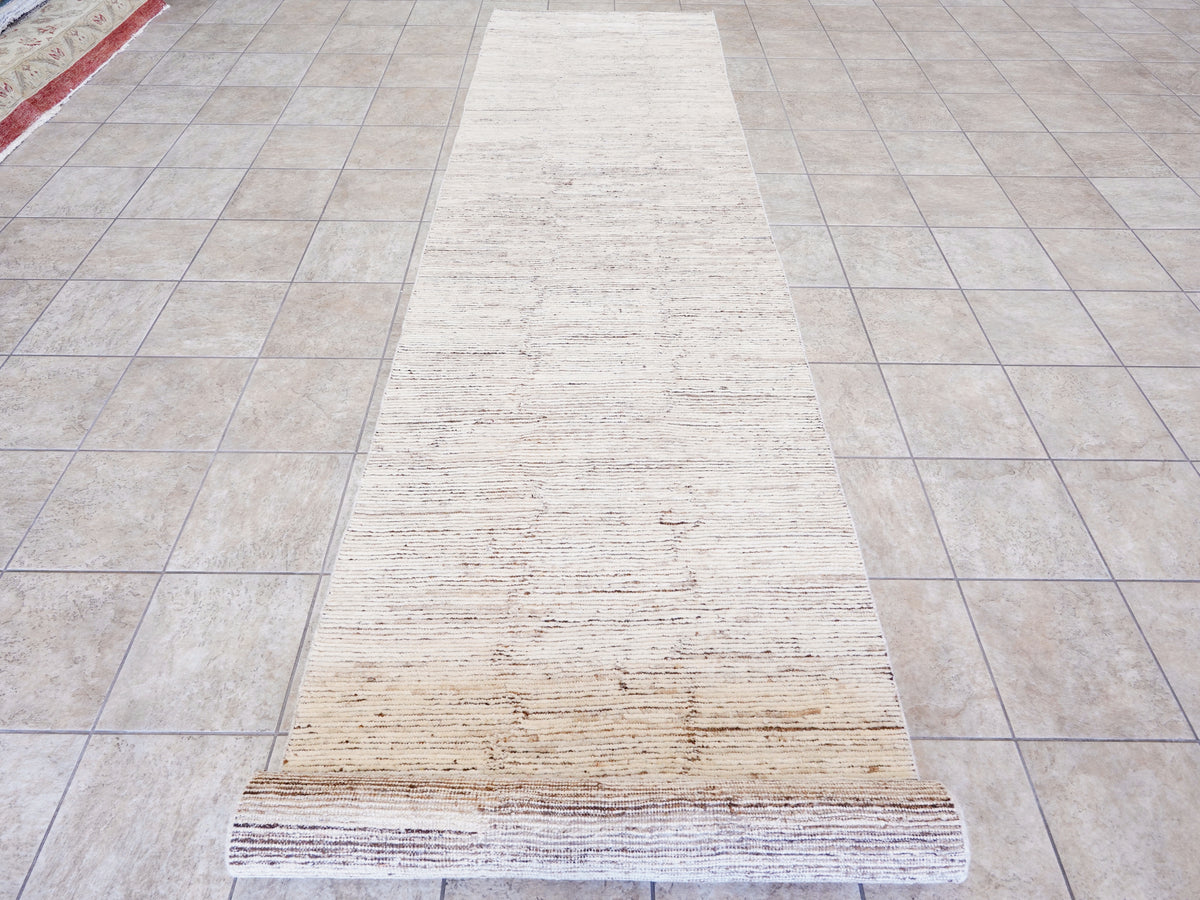 19 Ft Beige Moroccan Runner Rug - Hand Knotted Afghan Hallway Rug