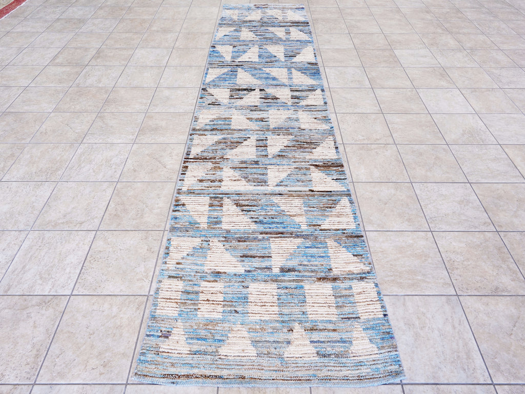 12 Ft Blue Moroccan Runner Rug - Hand Knotted Afghan Rug