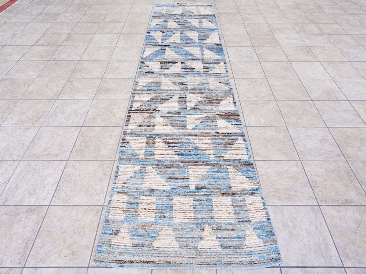 12 Ft Blue Moroccan Runner Rug - Hand Knotted Afghan Rug
