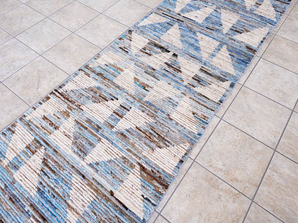 12 Ft Blue Moroccan Runner Rug - Hand Knotted Afghan Rug