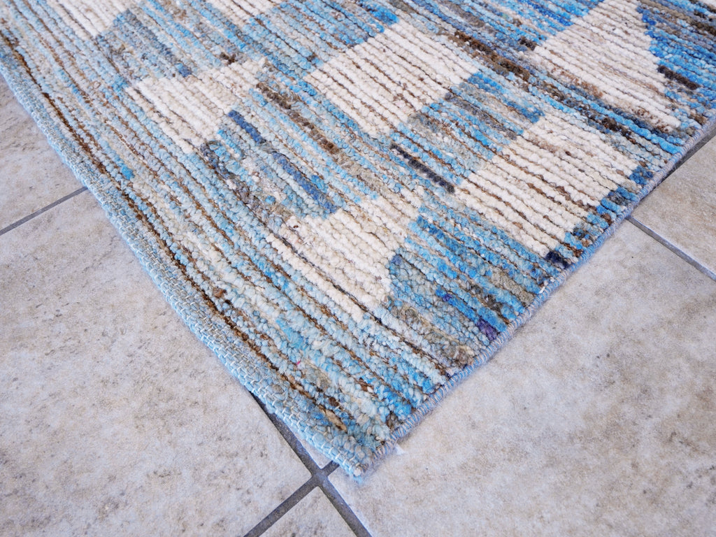 12 Ft Blue Moroccan Runner Rug - Hand Knotted Afghan Rug