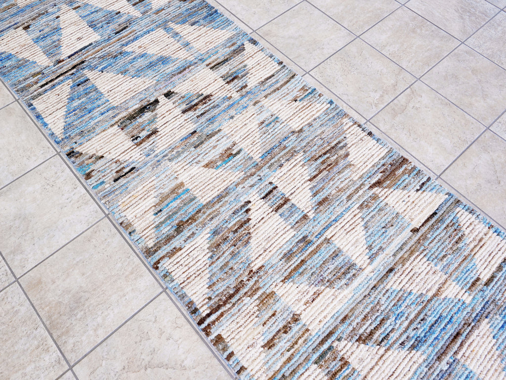 12 Ft Blue Moroccan Runner Rug - Hand Knotted Afghan Rug