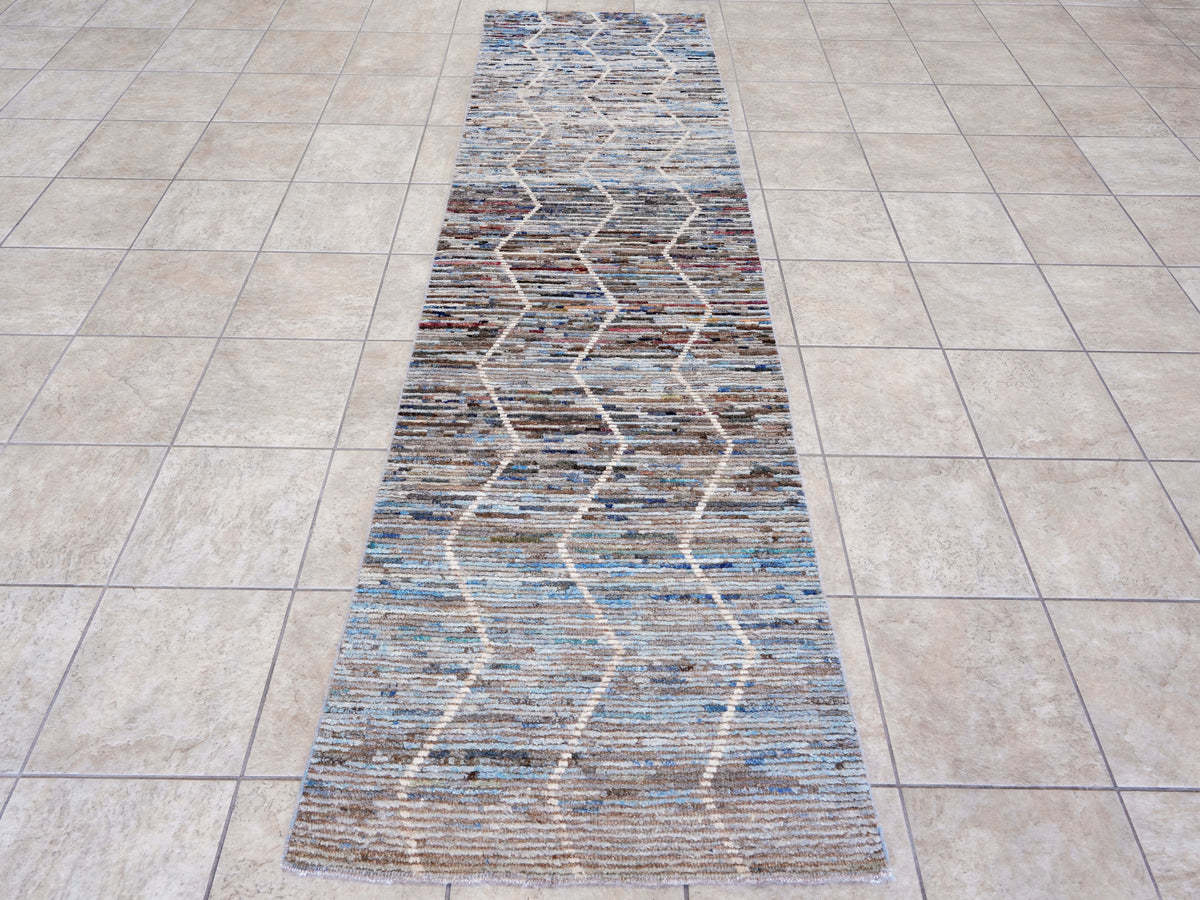 10 Ft Blue Moroccan Runner Rug - Hand Knotted Afghan Rug