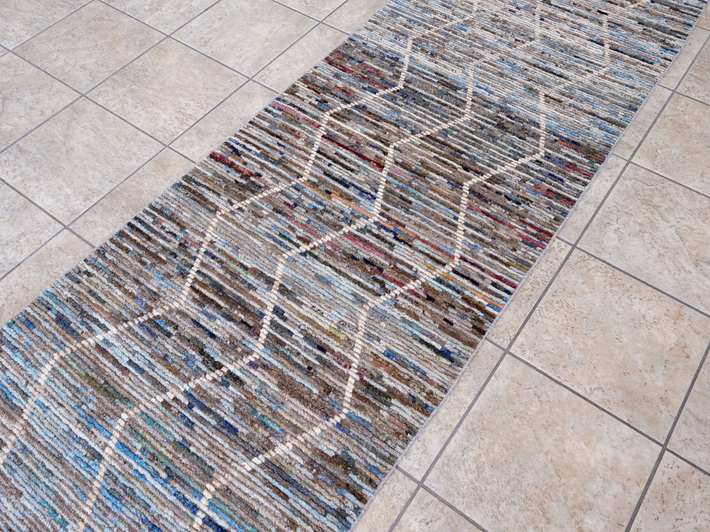 10 Ft Blue Moroccan Runner Rug - Hand Knotted Afghan Rug