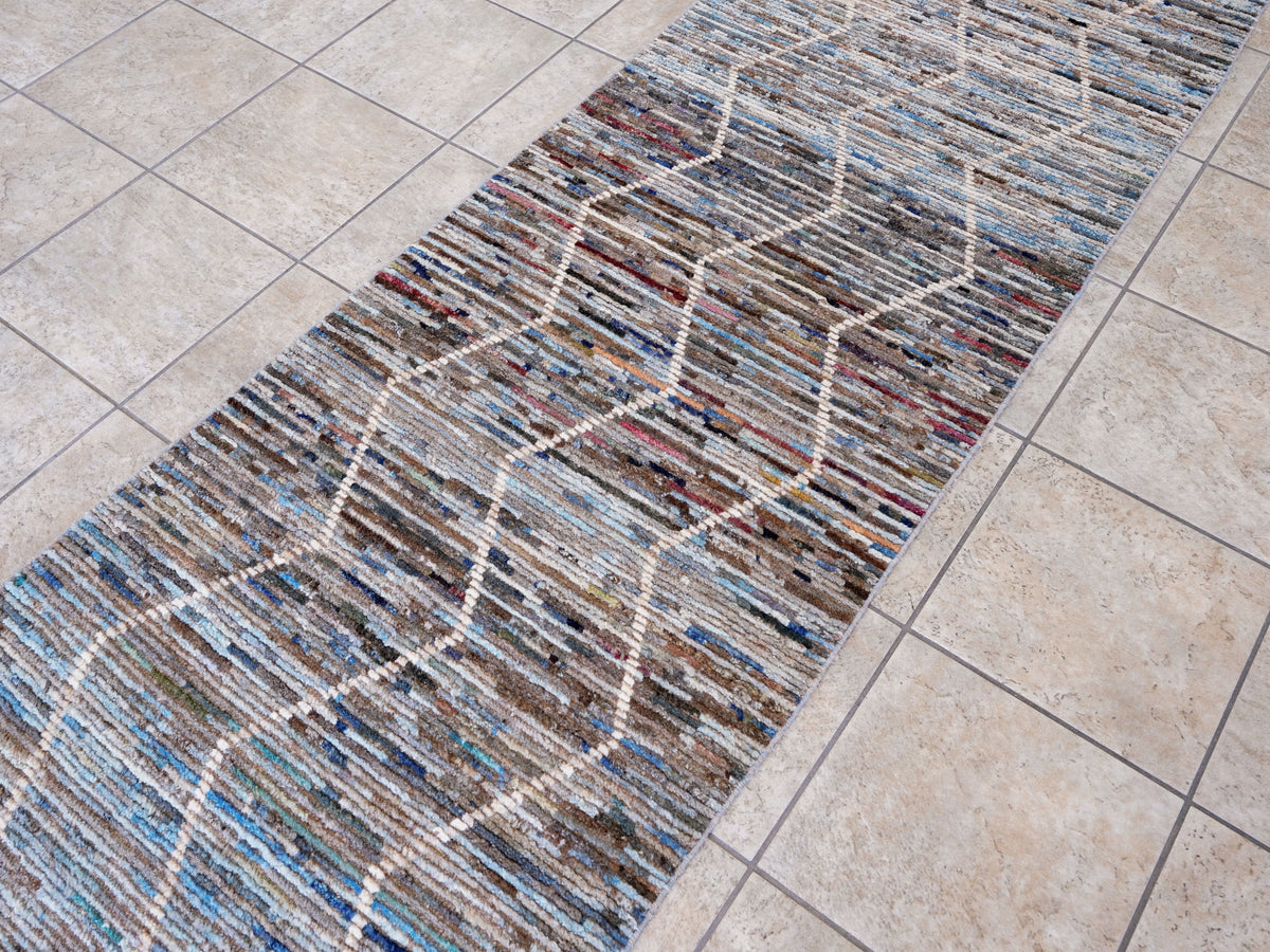10 Ft Blue Moroccan Runner Rug - Hand Knotted Afghan Rug