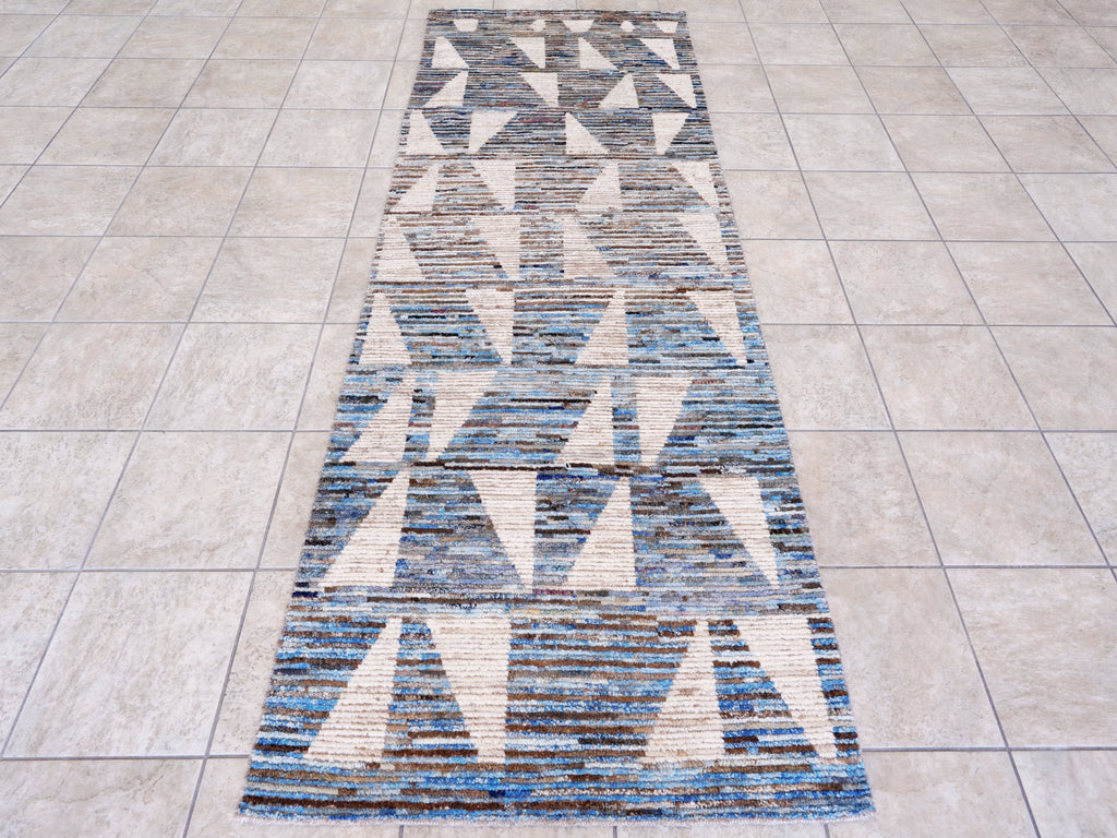 10 Ft Blue Moroccan Runner Rug - Hand Knotted Afghan Rug