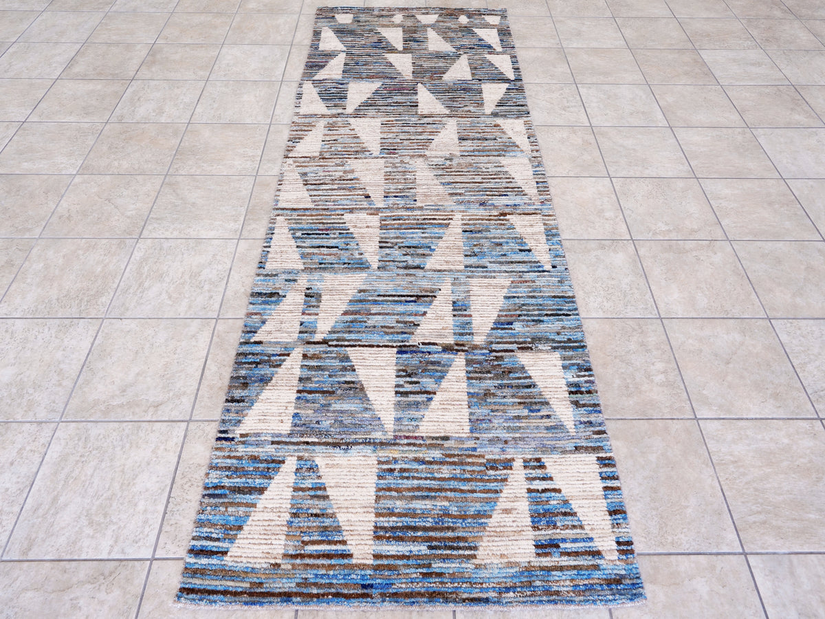 10 Ft Blue Moroccan Runner Rug - Hand Knotted Afghan Rug