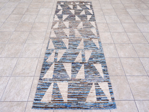 10 Ft Blue Moroccan Runner Rug - Hand Knotted Afghan Rug