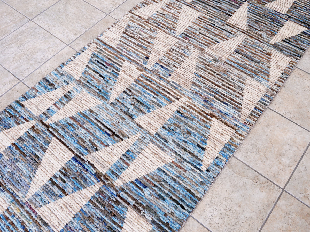 10 Ft Blue Moroccan Runner Rug - Hand Knotted Afghan Rug