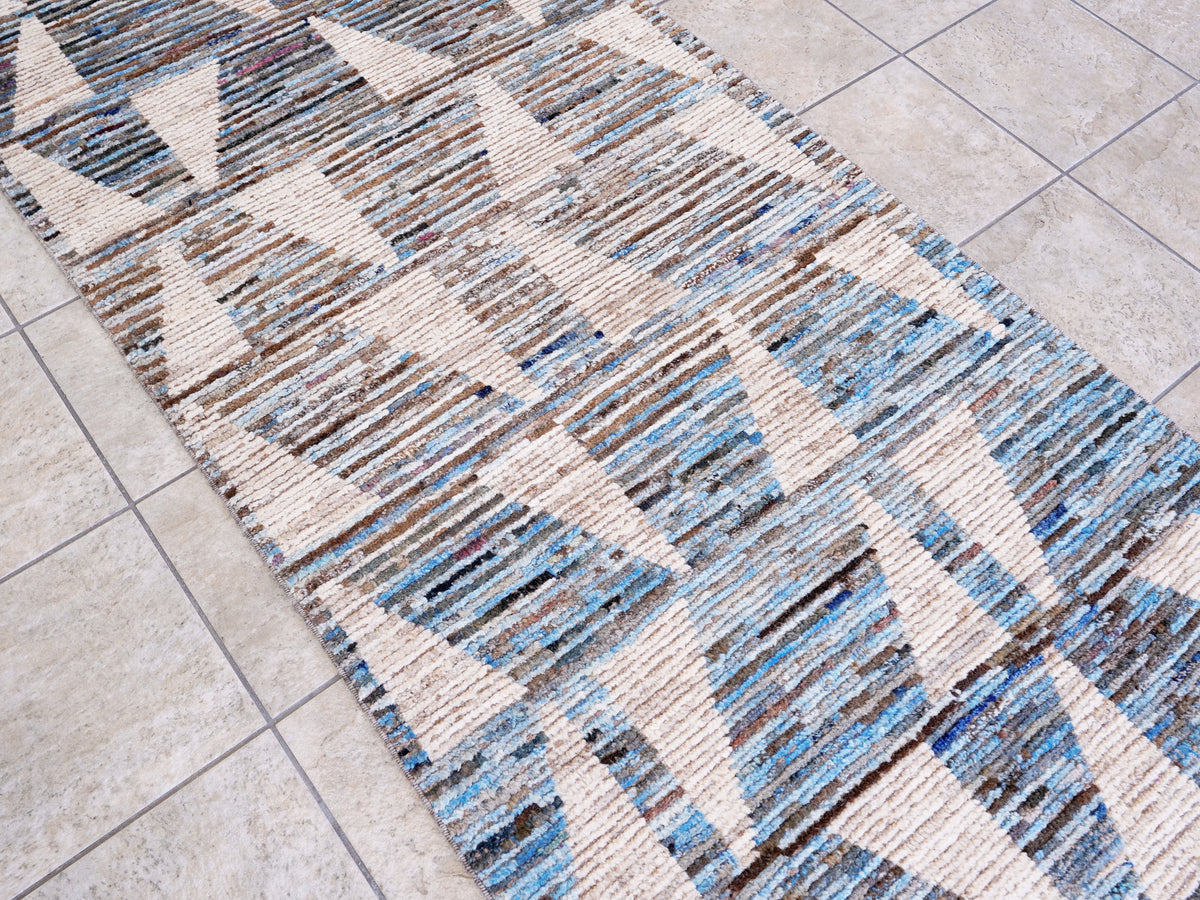 10 Ft Blue Moroccan Runner Rug - Hand Knotted Afghan Rug