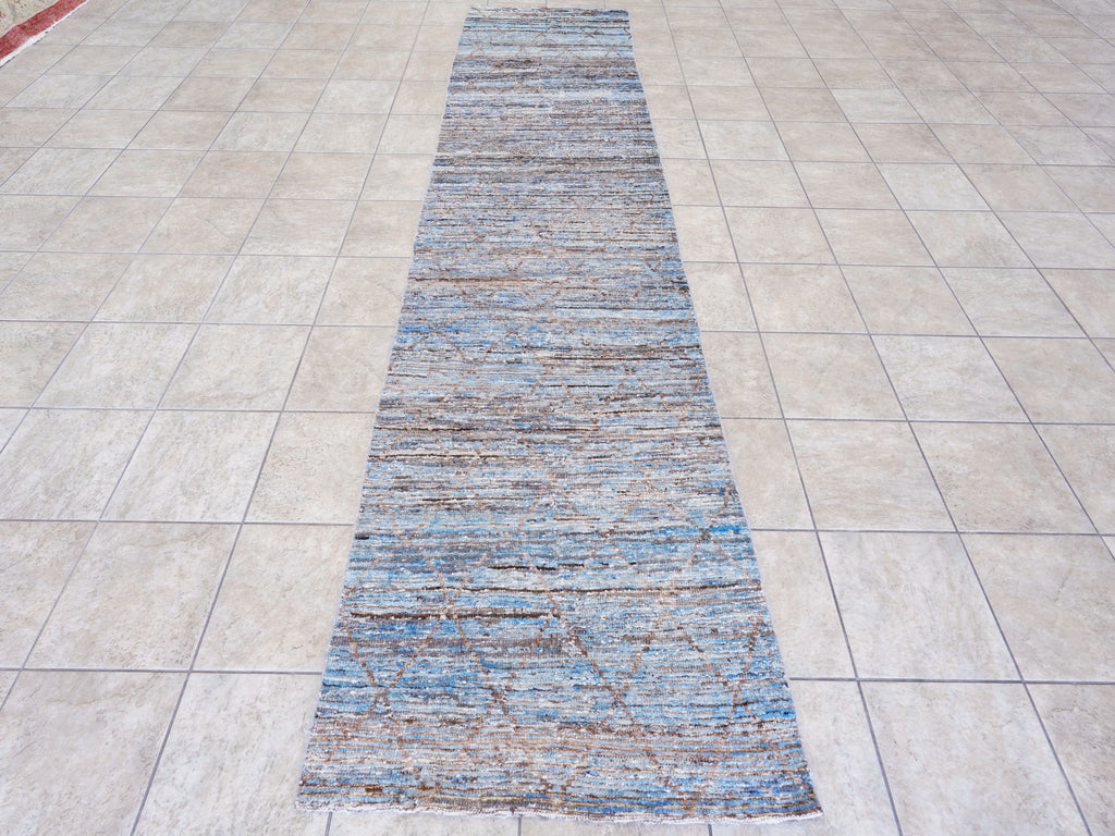 13 Ft Blue Moroccan Runner Rug - Hand Knotted Afghan Rug