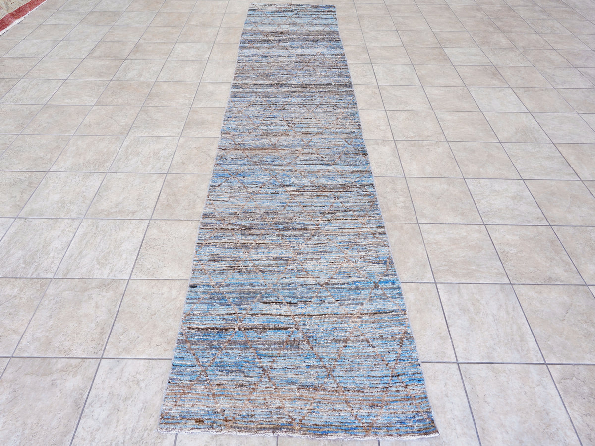 13 Ft Blue Moroccan Runner Rug - Hand Knotted Afghan Rug