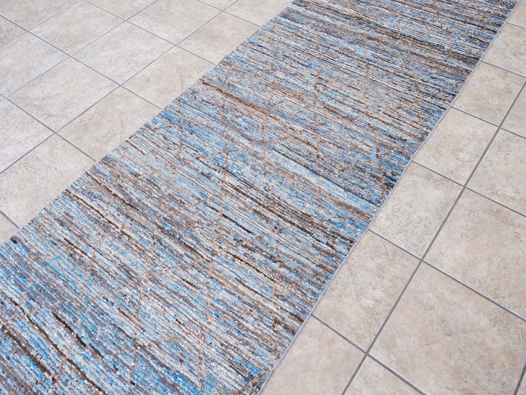 13 Ft Blue Moroccan Runner Rug - Hand Knotted Afghan Rug