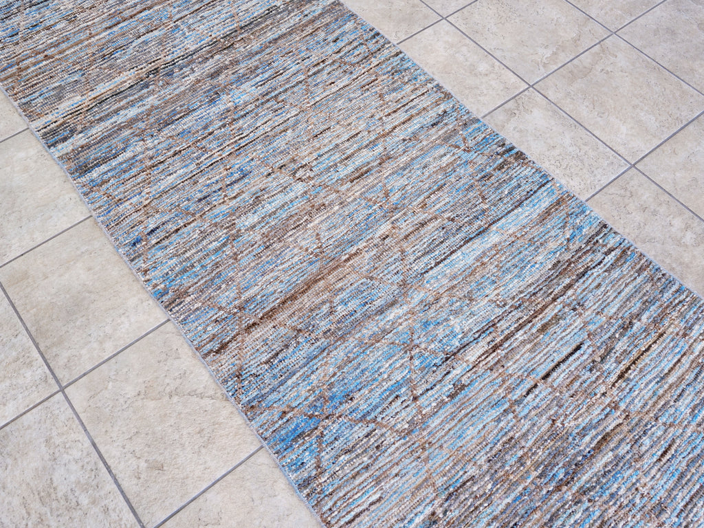 13 Ft Blue Moroccan Runner Rug - Hand Knotted Afghan Rug
