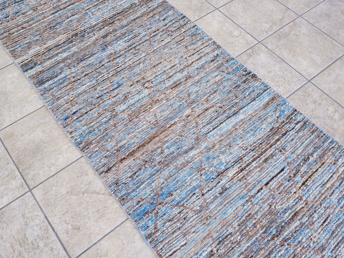 13 Ft Blue Moroccan Runner Rug - Hand Knotted Afghan Rug