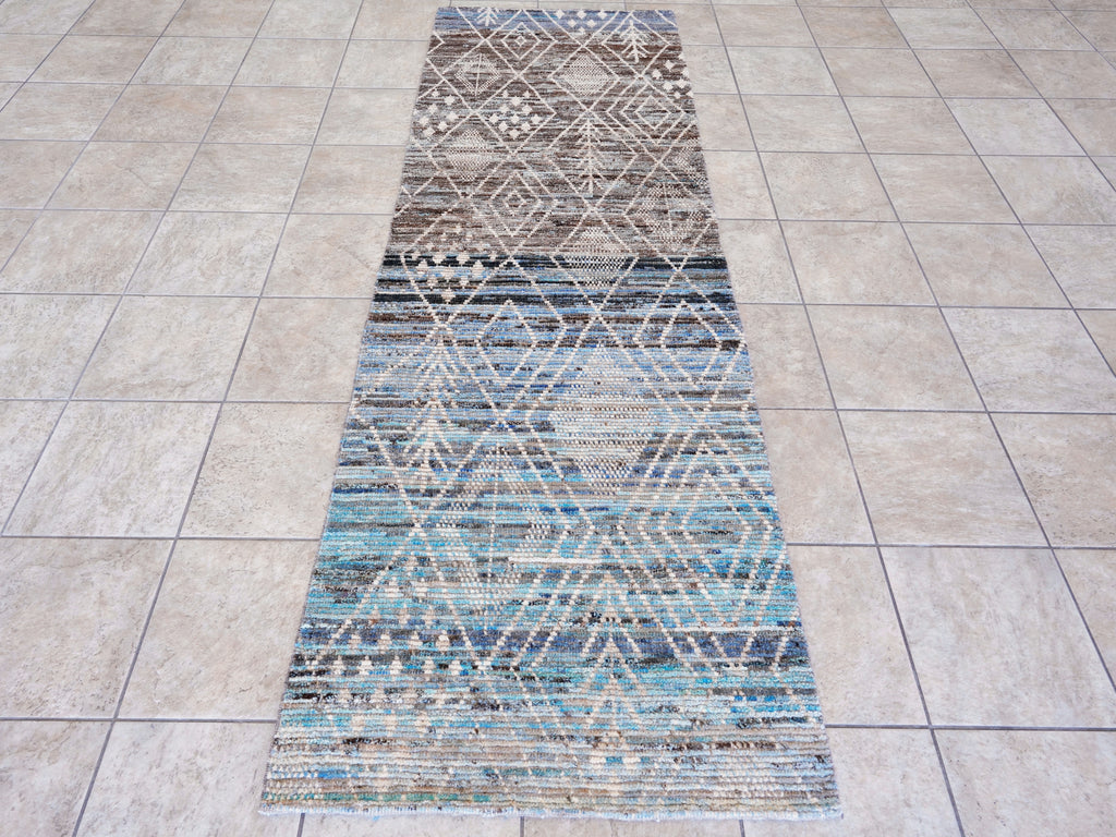 9 Ft Blue & Brown Moroccan Runner Rug - Hand Knotted Afghan Rug