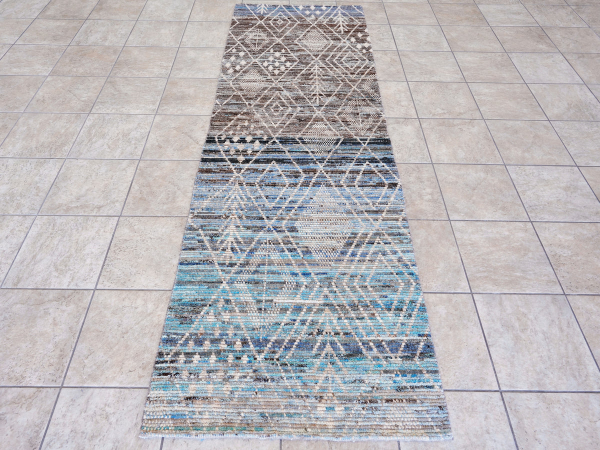9 Ft Blue & Brown Moroccan Runner Rug - Hand Knotted Afghan Rug