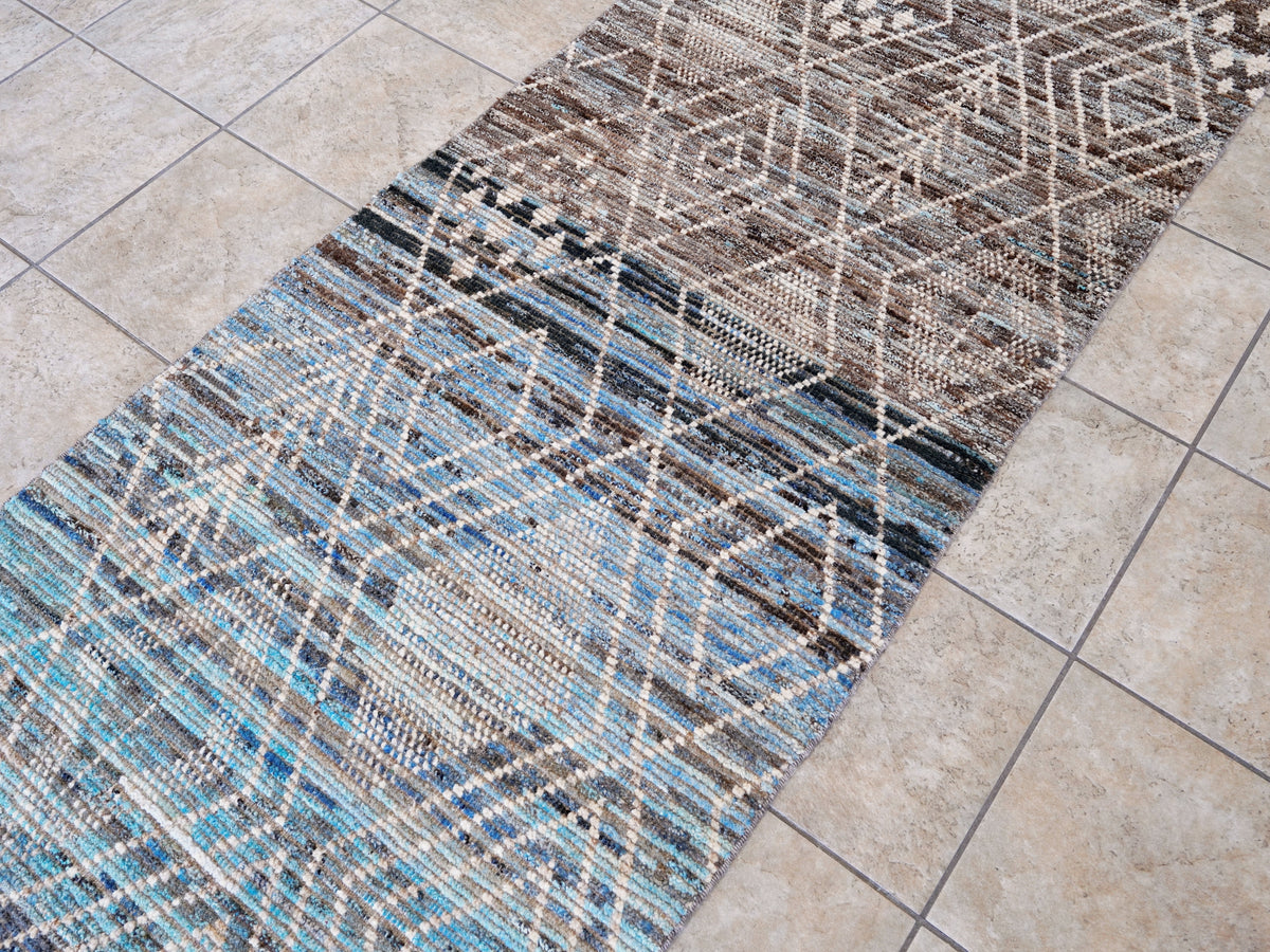 9 Ft Blue & Brown Moroccan Runner Rug - Hand Knotted Afghan Rug