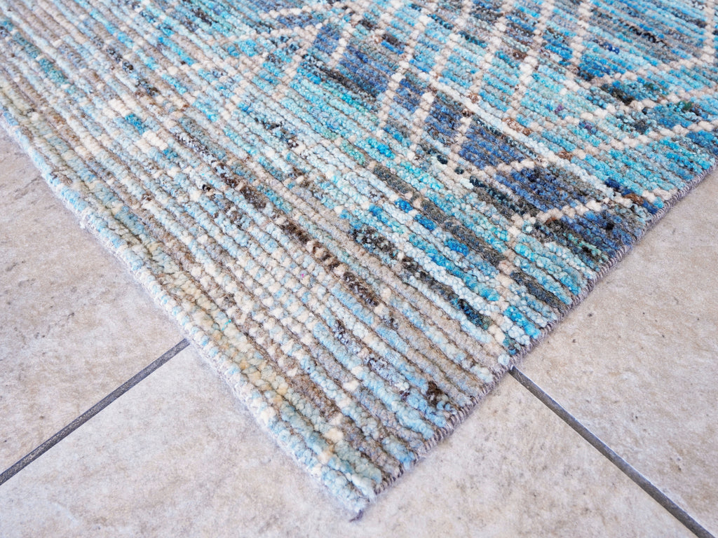 9 Ft Blue & Brown Moroccan Runner Rug - Hand Knotted Afghan Rug