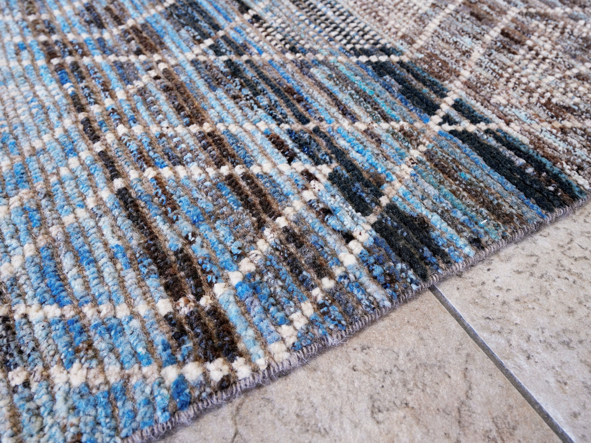 9 Ft Blue & Brown Moroccan Runner Rug - Hand Knotted Afghan Rug