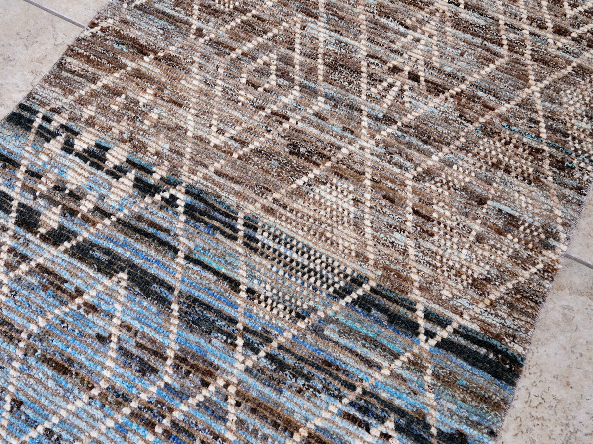 9 Ft Blue & Brown Moroccan Runner Rug - Hand Knotted Afghan Rug