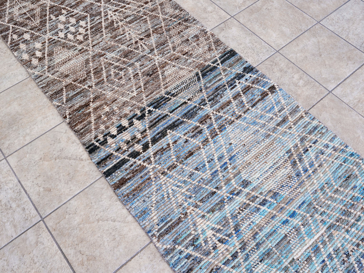 9 Ft Blue & Brown Moroccan Runner Rug - Hand Knotted Afghan Rug