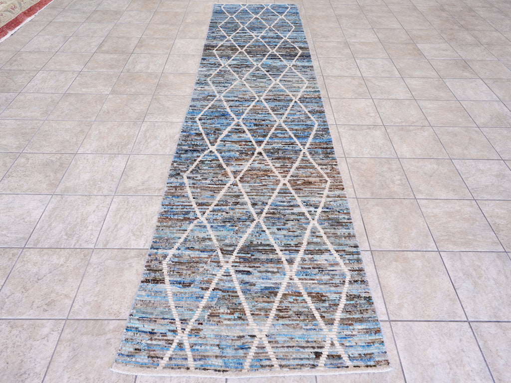 13 Ft Blue Moroccan Runner Rug - Hand Knotted Afghan Rug