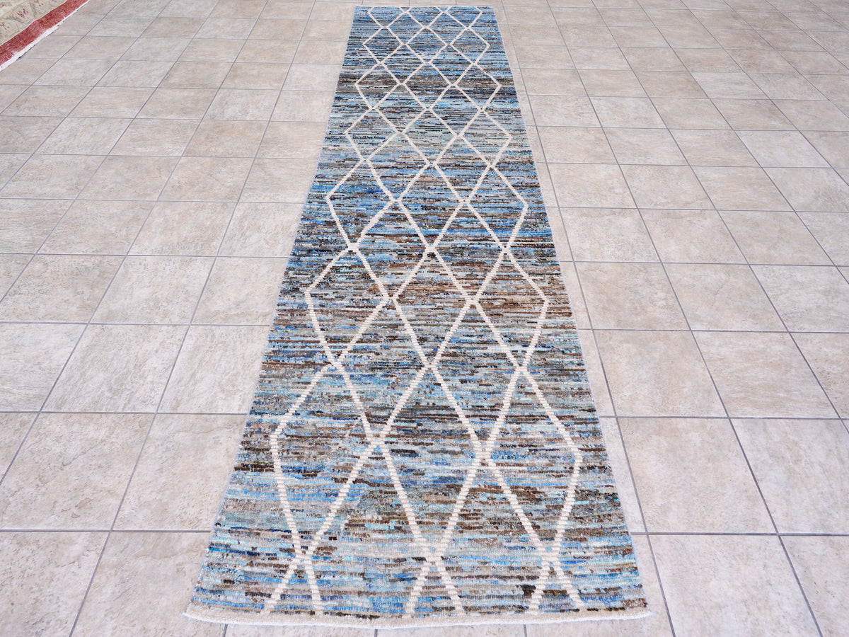 13 Ft Blue Moroccan Runner Rug - Hand Knotted Afghan Rug