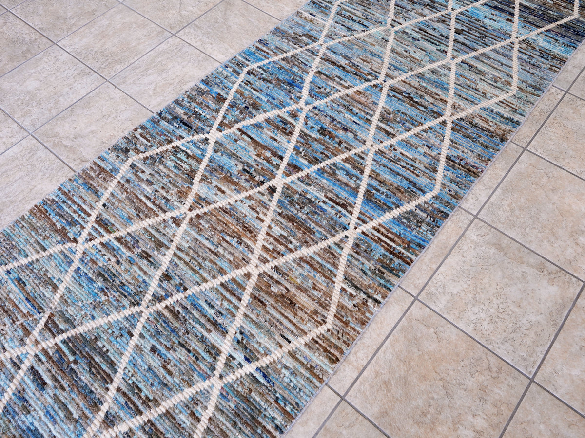 13 Ft Blue Moroccan Runner Rug - Hand Knotted Afghan Rug