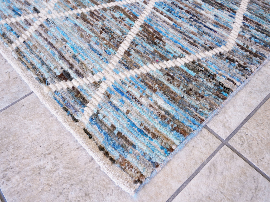 13 Ft Blue Moroccan Runner Rug - Hand Knotted Afghan Rug