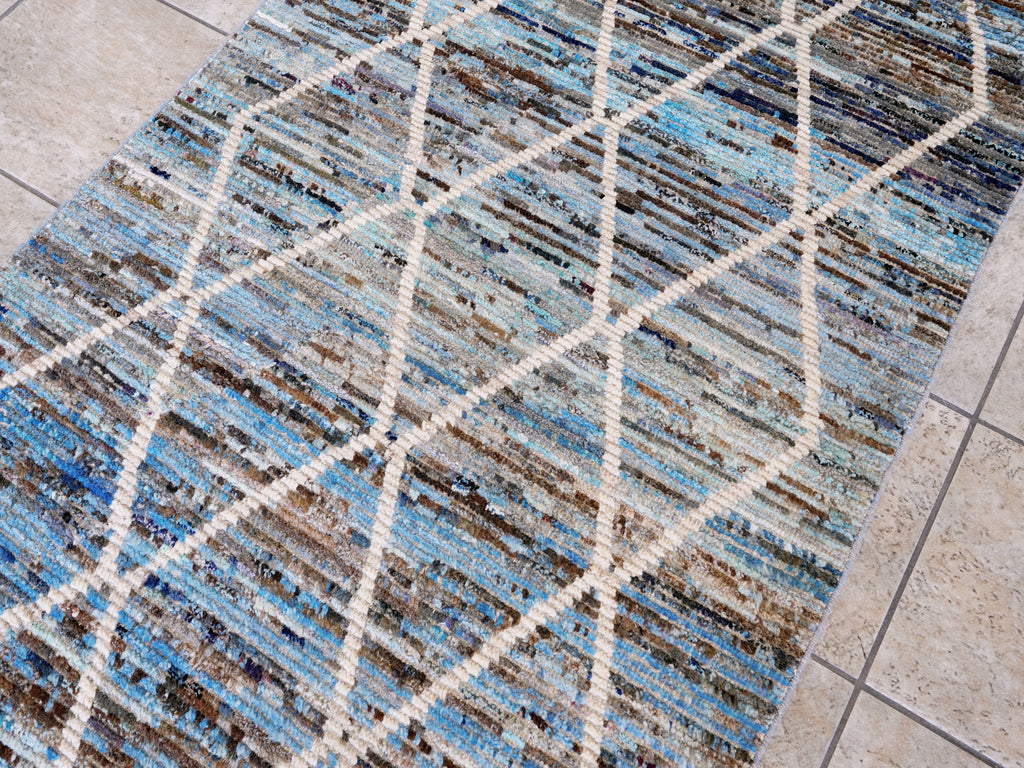 13 Ft Blue Moroccan Runner Rug - Hand Knotted Afghan Rug