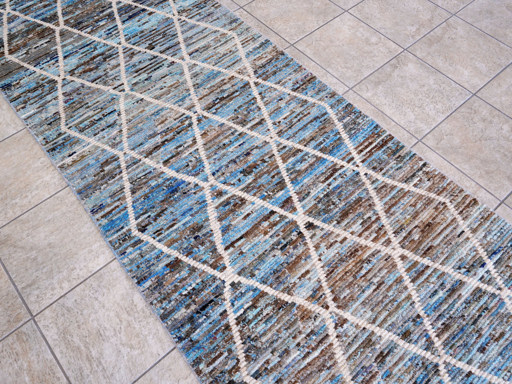 13 Ft Blue Moroccan Runner Rug - Hand Knotted Afghan Rug
