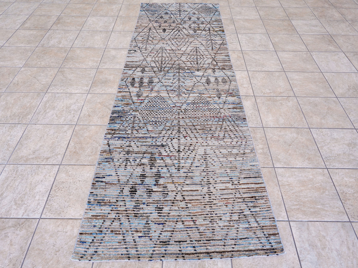 10 Ft Blue Moroccan Runner Rug - Hand Knotted Afghan Rug