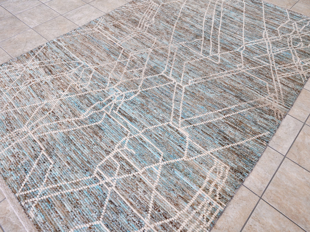 6x10 Ft Blue & Brown Moroccan Rug - Hand Knotted Area Rug