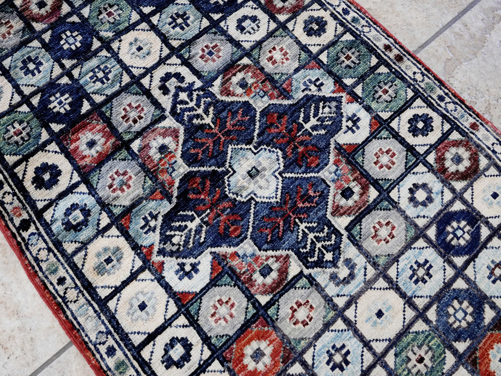 2x5 Ft Blue Afghan Oriental Rug - Hand Knotted Small Runner