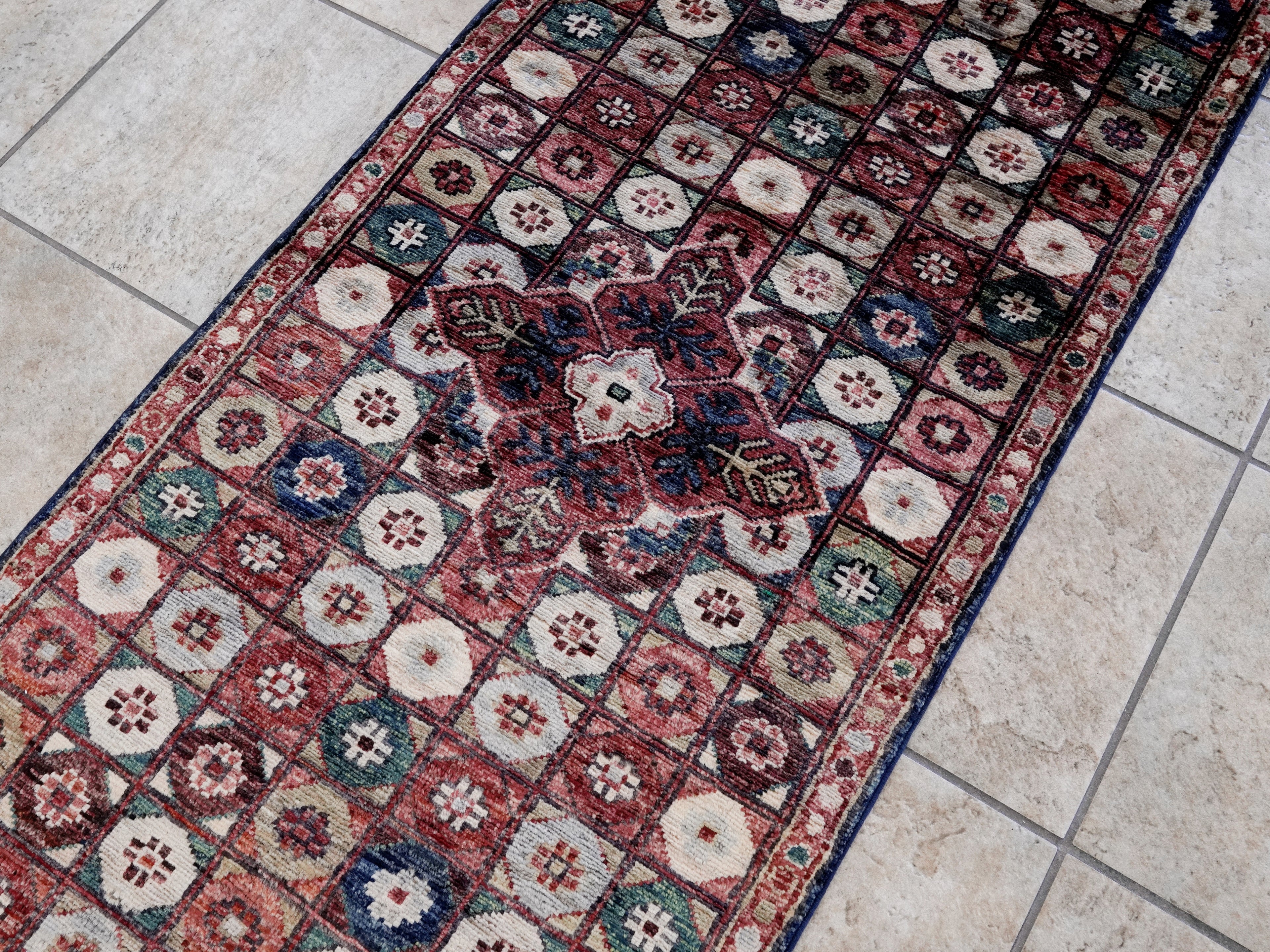 2x5 Ft Blue & Red Afghan Oriental Rug - Hand Knotted Small Runner