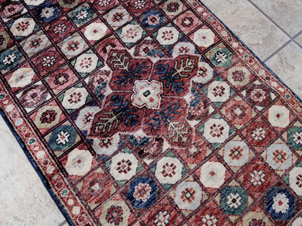 2x5 Ft Blue & Red Afghan Oriental Rug - Hand Knotted Small Runner