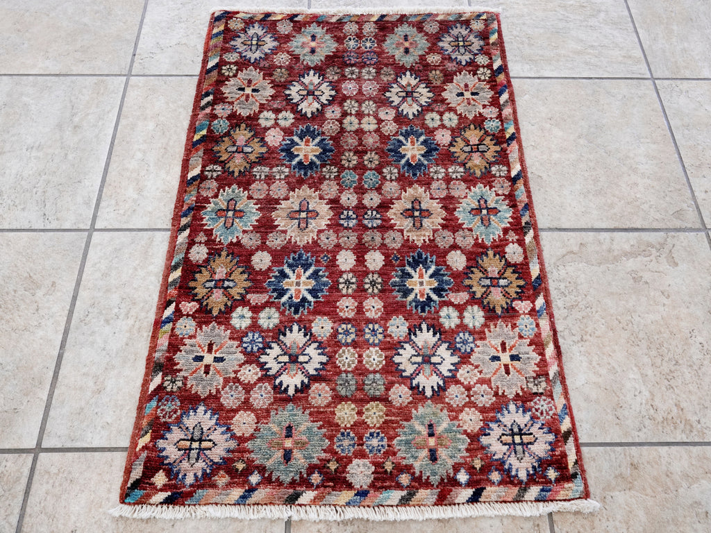 2x3 Ft Red Floral Rug - Hand Knotted Afghan Rug