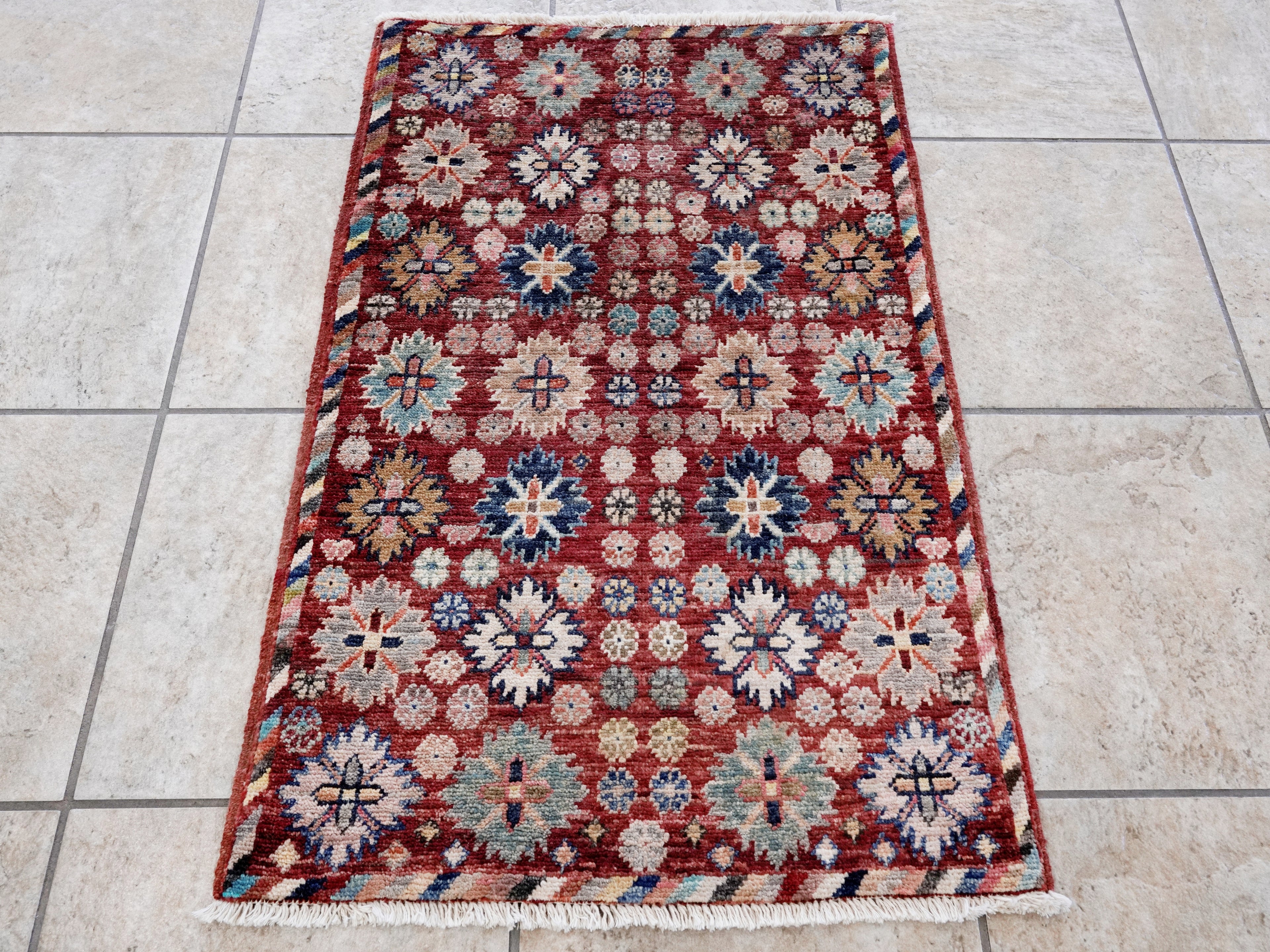 2x3 Ft Red Floral Rug - Hand Knotted Afghan Rug