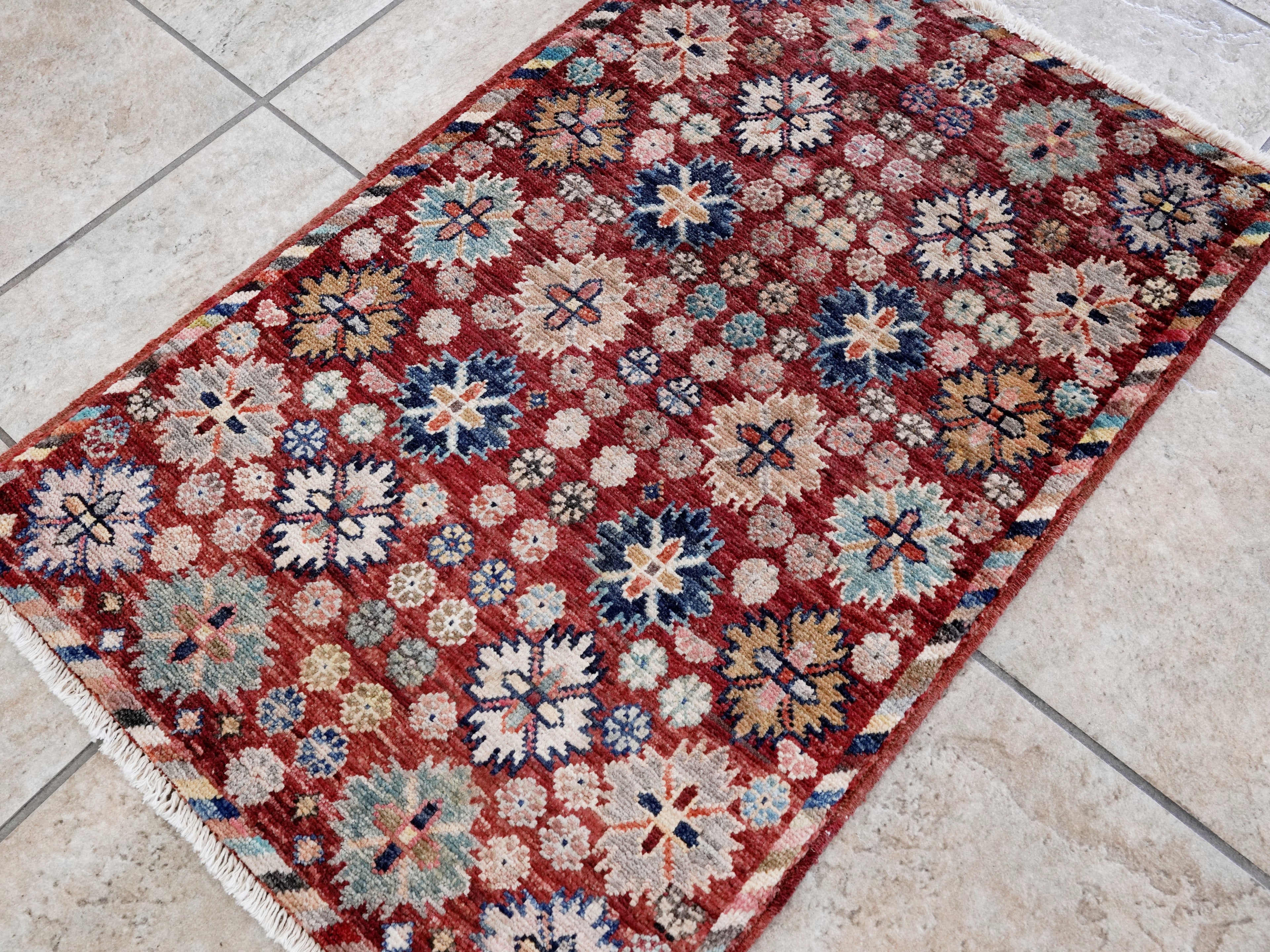 2x3 Ft Red Floral Rug - Hand Knotted Afghan Rug