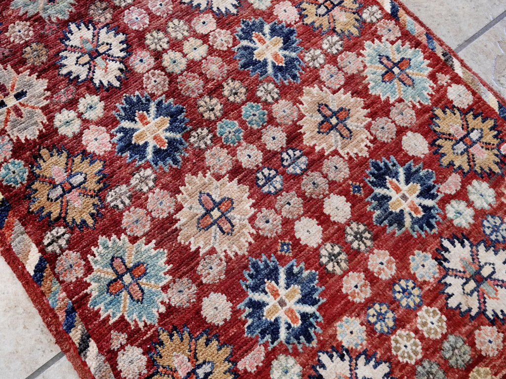 2x3 Ft Red Floral Rug - Hand Knotted Afghan Rug