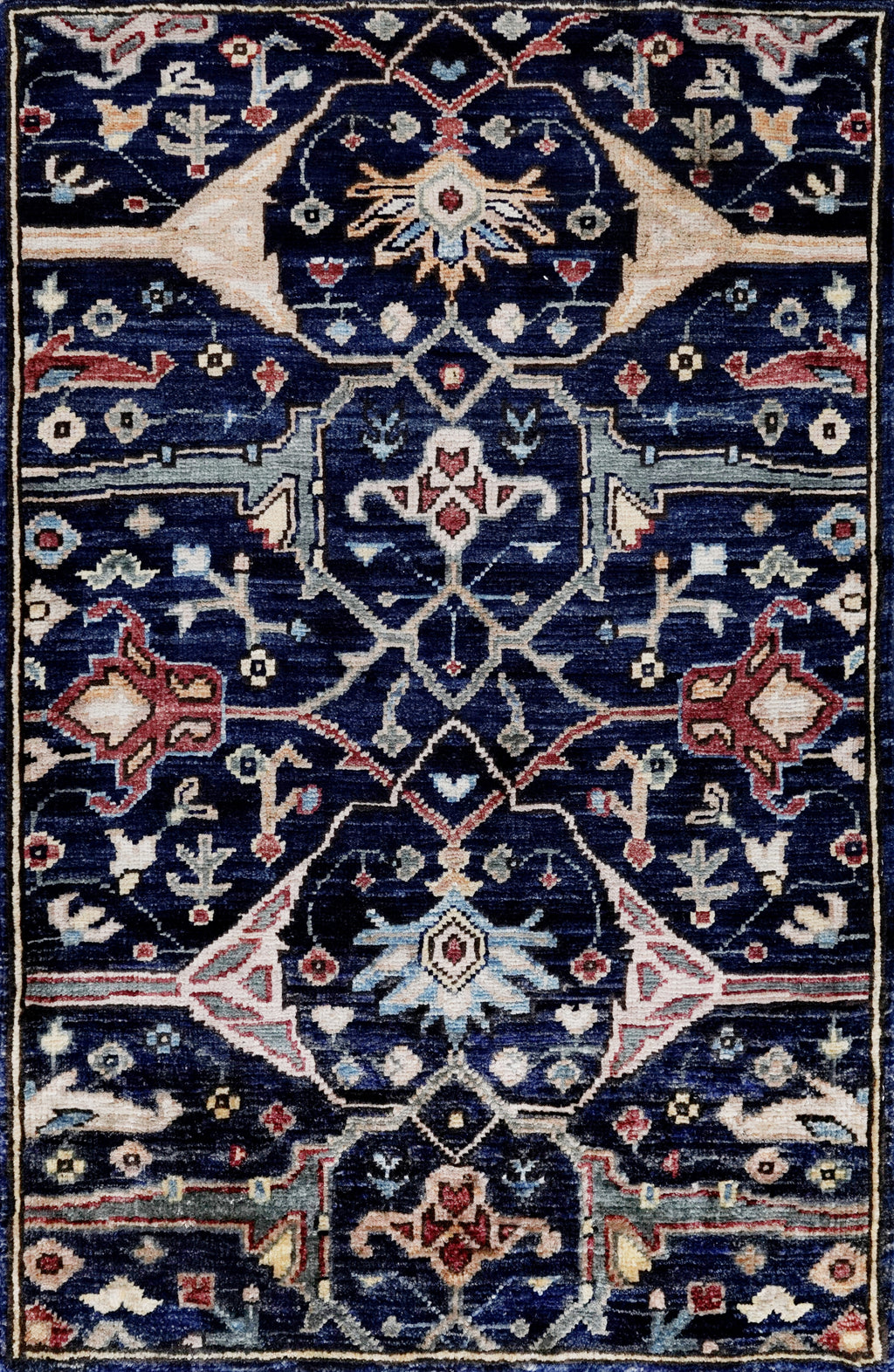 2x3 Ft Dark Blue Oriental Rug - Hand Knotted Afghan Rug
