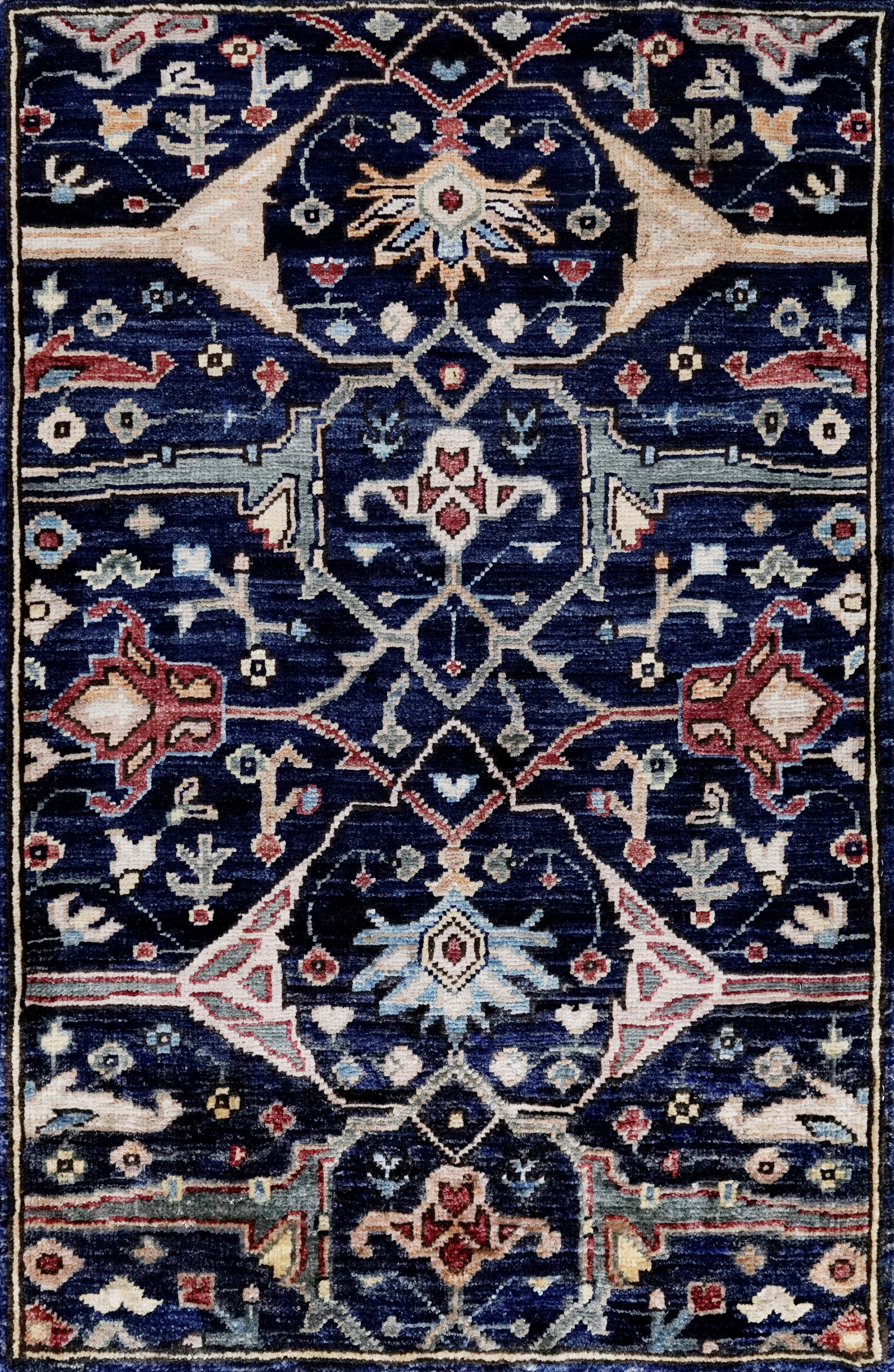 2x3 Ft Dark Blue Oriental Rug - Hand Knotted Afghan Rug