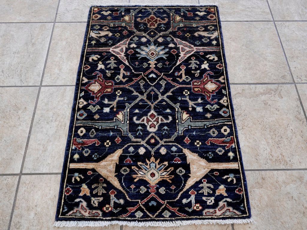 2x3 Ft Dark Blue Oriental Rug - Hand Knotted Afghan Rug