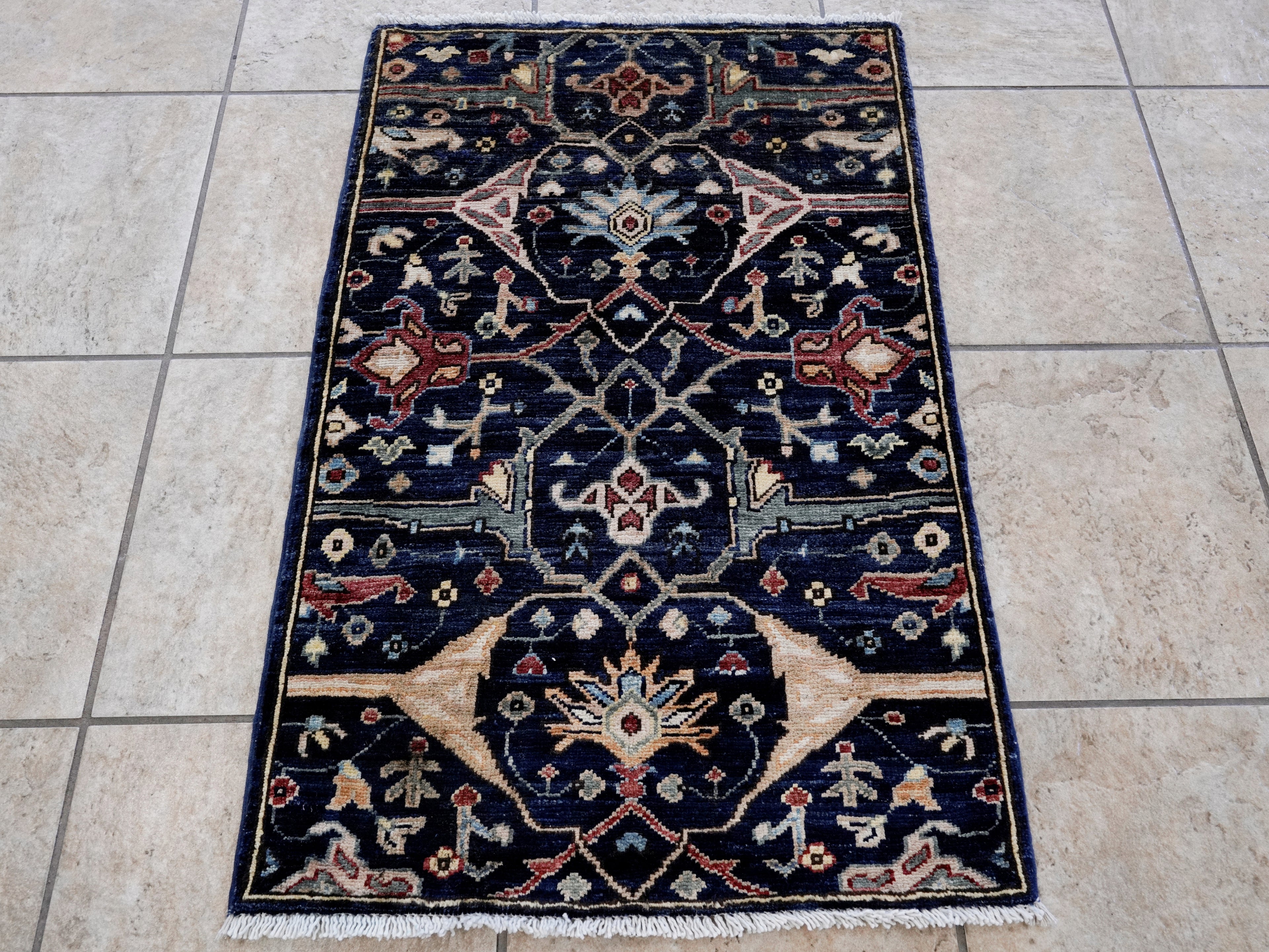 2x3 Ft Dark Blue Oriental Rug - Hand Knotted Afghan Rug