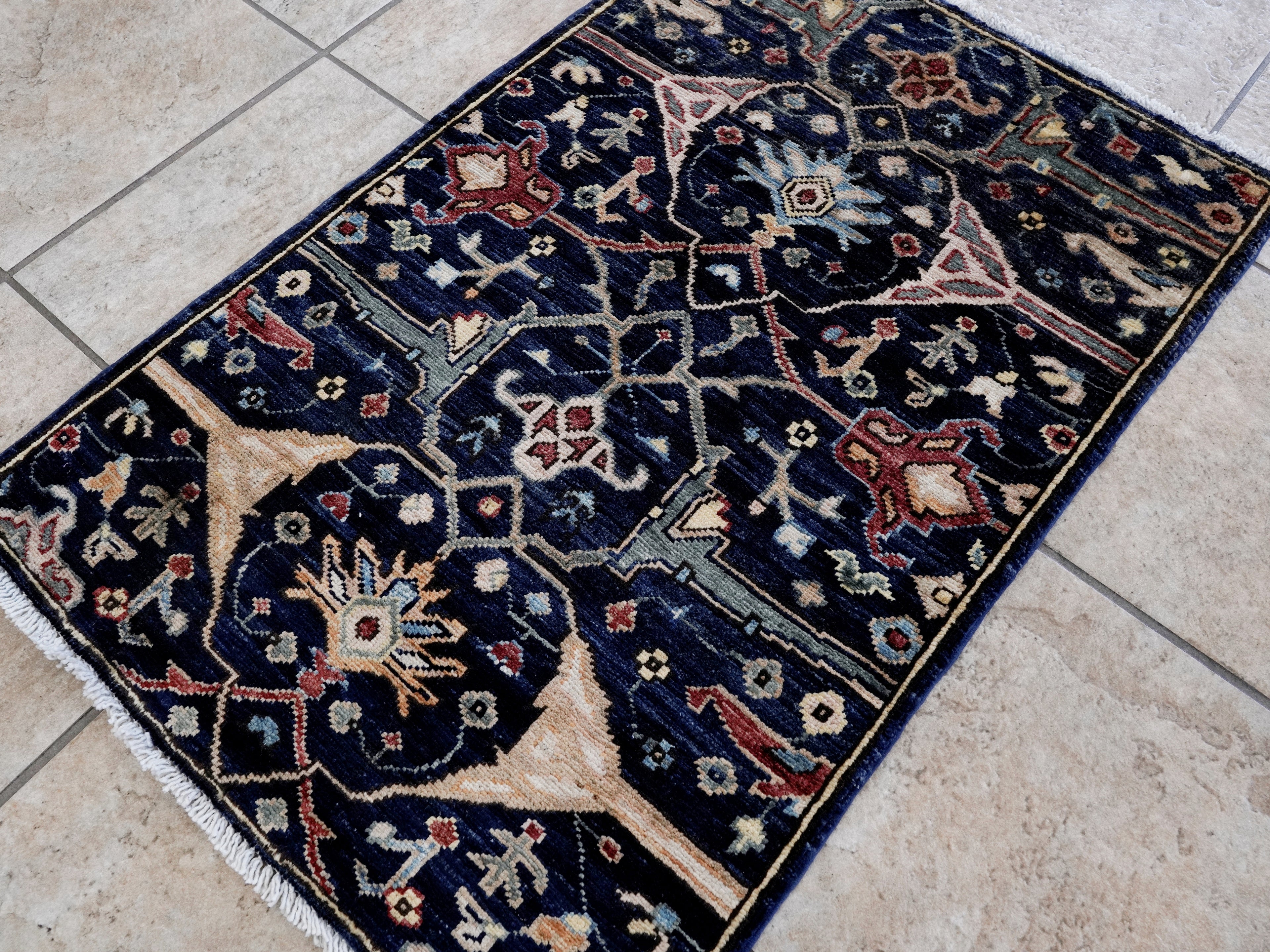 2x3 Ft Dark Blue Oriental Rug - Hand Knotted Afghan Rug