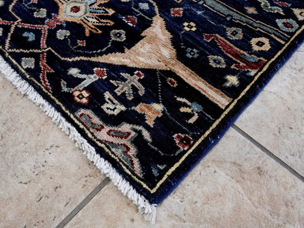 2x3 Ft Dark Blue Oriental Rug - Hand Knotted Afghan Rug