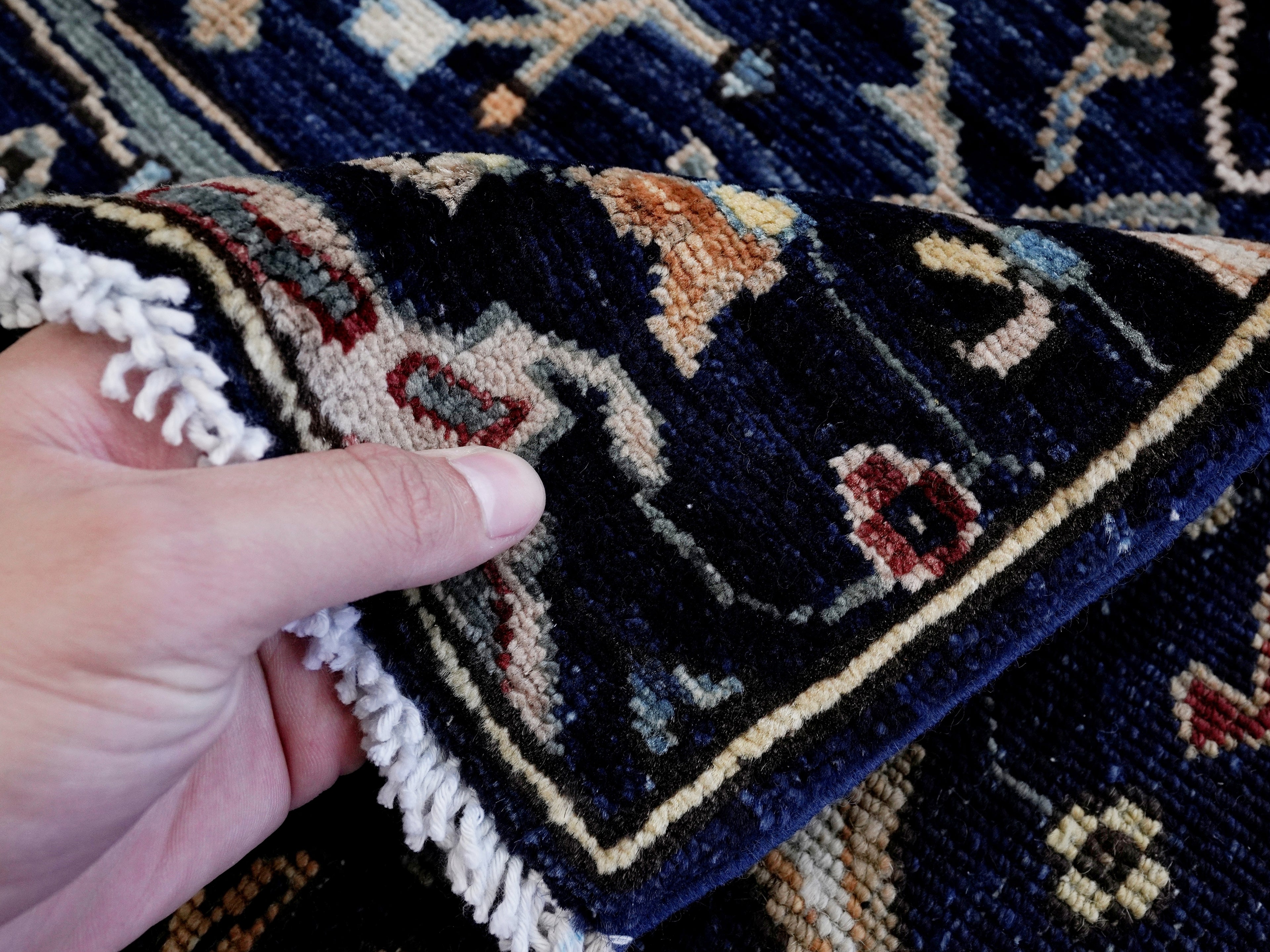 2x3 Ft Dark Blue Oriental Rug - Hand Knotted Afghan Rug