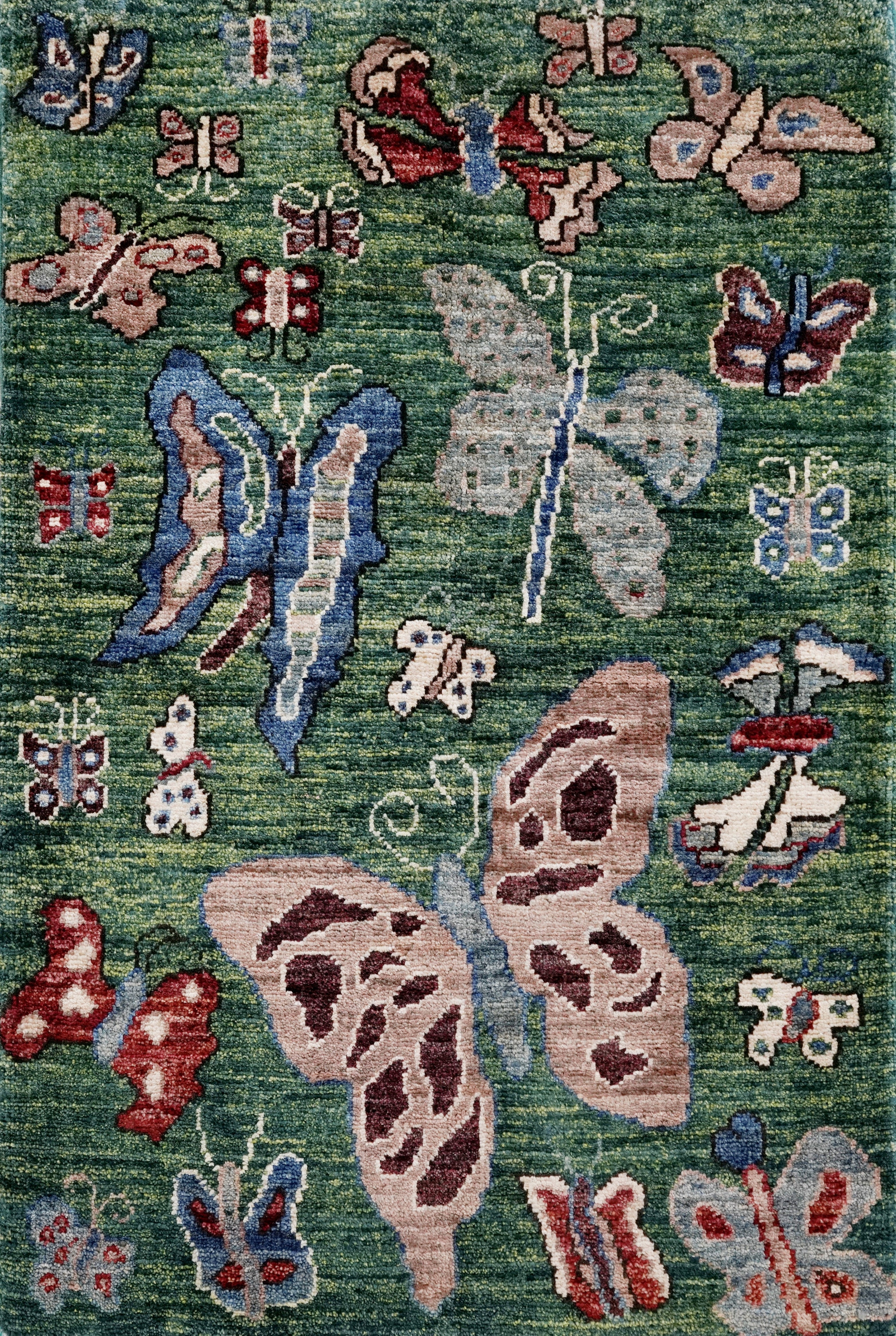2x3 Ft Green Butterfly Rug - Hand Knotted Afghan Rug