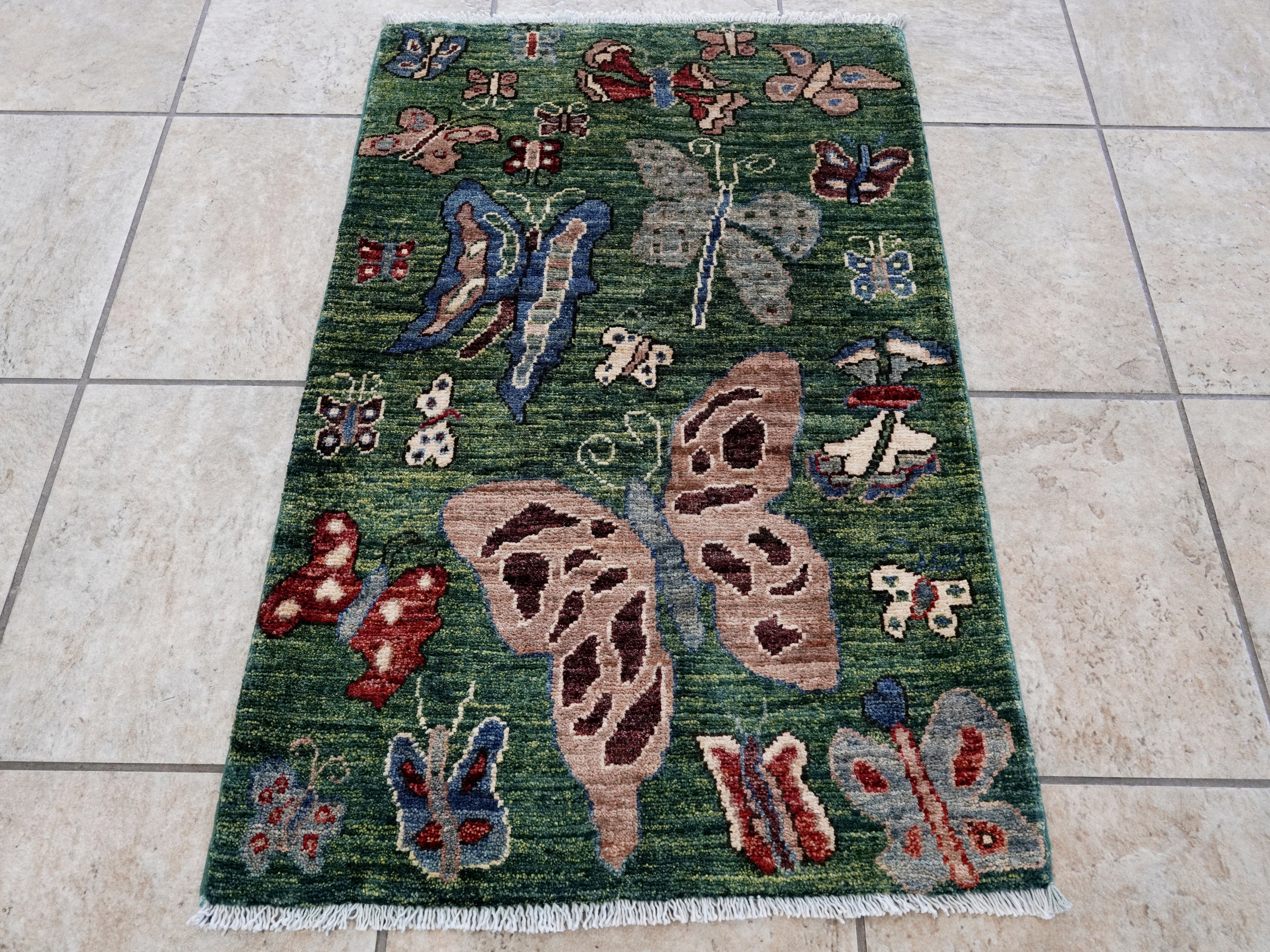 2x3 Ft Green Butterfly Rug - Hand Knotted Afghan Rug